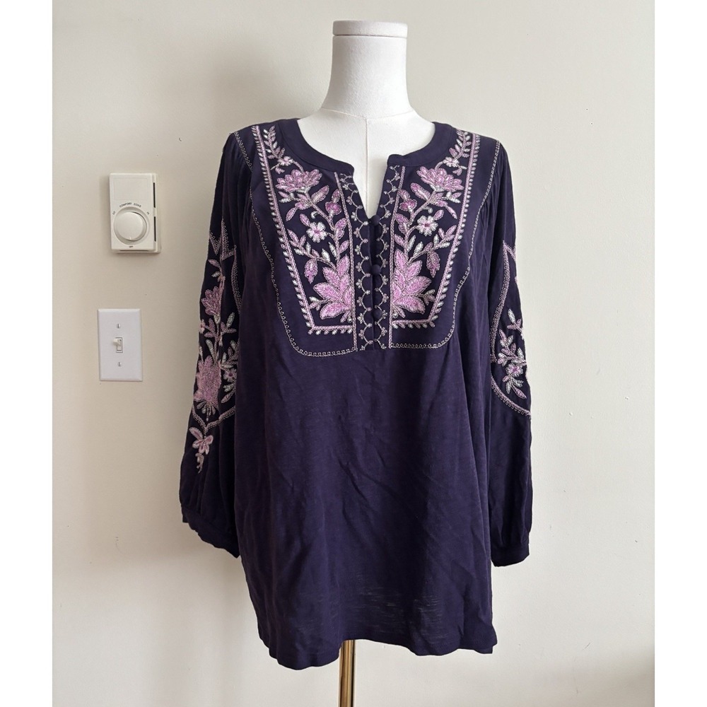 J Jill Womens XL Top Floral Embroidered Purple Bohemian Hippie Romantic Cotton